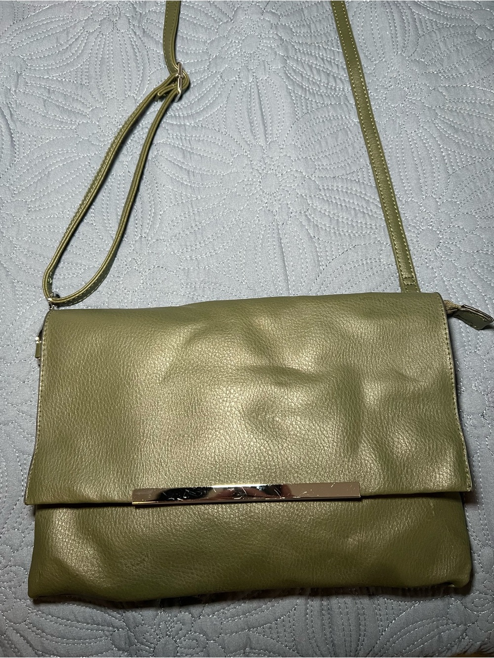 Olive Green Leather Crossbody with Polished Bar Accent